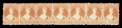 2d. orange, a horizontal strip of seven in a pale shade due to under-inking, Row 132-8 with Row 138 showing small area of plate damage around postage tablet, small to large
part original gum with one stamp having adherences of another s