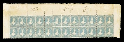6d. pale blue, a block of twenty-four, being the complete top two rows of the sheet with full sheet margins and with watermark reversed, large part original brownish gum which
has partially toned the paper, ink notations in top margin. A rare and