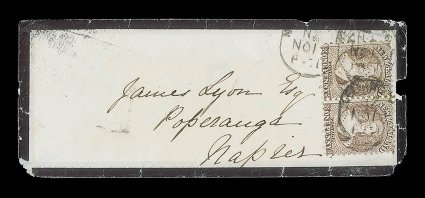1871 (13 Nov.) mourning envelope from Wellington to Napier, bearing perf. 10 1d. brown horizontal pair, placed sideways at right and cancelled with three rather indistinct
c.d.s., arrival c.d.s. (15.11) on reverse the envelope with a few faults