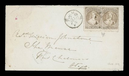 1871 (27 Nov.) envelope from Palmerston North to The Manse, Port Chalmers Otago, bearing perf. 12½x10 1d. brown horizontal pair neatly cancelled with c.d.s. and with Foxton
c.d.s. (a very early date) alongside, the reverse with a furthe