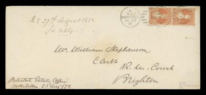 1872 (23 Aug.) envelope (221x95mm.) from the Intestate State Office at Hokitika to Brighton, bearing 2d. vermilion vertical pair perforated 12½ compound with 10 on one side at
center, placed sideways and twice neatly cancelled with c21 d
