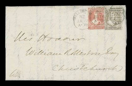 1873 (14 Jan.) entire letter from Wellington to Christchurch, bearing perf. 12½ 1d. brown in combination with 1864-67 1d. pale orange-vermilion (vertical pre-use wrinkle)
twice neatly cancelled with 070 duplex, arrival c.d.s. (15.1) across join