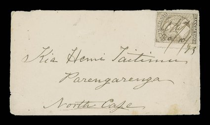 1873 (30 Oct.) envelope from Ahipara to Parengarenga (Harbour), North Cape, bearing perf. 12½ 1d. brown cancelled with manuscript Ahip 301073 the envelope opened-out and
fragile, nevertheless a rare and unusual cover from this small offi