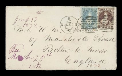 1872 (13 Jan.) double rate envelope from Dunedin to Bolton-le-Moors, bearing perf. 12½ 6d. pale blue in combination with 1864-67 6d. red-brown twice cancelled with O duplex,
arrival c.d.s. (25.3) on reverse flap and another small part of rever