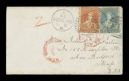 1873 (21 May) envelope from Auckland to New Bedford, Mass., bearing perf. 12½ 2d. orange and 6d. pale blue (crease) twice cancelled with 1 duplex, rated 2 in red crayon and
showing London Paid (13.8) and New York (date unclear) c.d.s., bo