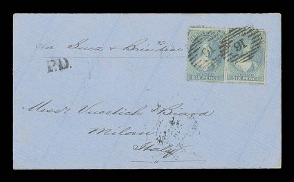 1872 (1 Mar.) envelope from Kaiapoi via Suez & Brindisi to Milan, bearing perf. 12½ 6d. pale blue horizontal pair each cancelled 16 and showing unframed p.d., incorrectly
applied in black, towards left, the reverse with despatch,