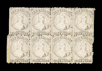 1d. brown (worn plate), a block of eight (4x2) with vertical perforations clipped and officially re-enforced behind with stamp edging, large part original gum a few faint
traces of staining, otherwise fine and a very rare block of this seldom of