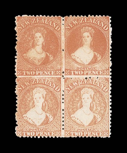 2d. vermilion, a block of four, Rows 17-173-4, the upper pair showing traces of retouching at foot and the lower pair extensively retouched, fresh with large part original gum
a couple of tiny fox marks on gum, otherwise fine. R.P.S. Certificat