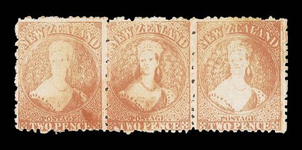 2d. vermilion, a horizontal strip of three, Row 194-6, with varying degrees of retouching, fresh with large part original gum one with faint patch of foxing at top, otherwise
fine. Sc. 48 S.G. 138, 138a, £600+. provenance: G.H. Boucher