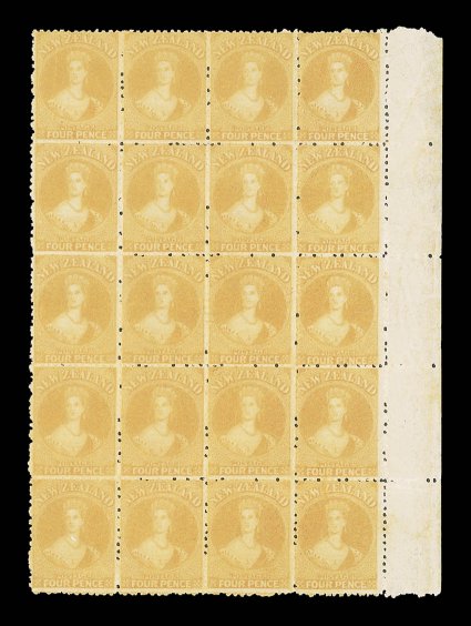 4d. orange-yellow, a marginal block of twenty (4x5) from the right of the sheet and in a lovely rich color, large part original gum. A rare and impressive multiple. Sc. 49
S.G. 139, £3,600+. provenance: J. Currie, March 1966 Chalon, No