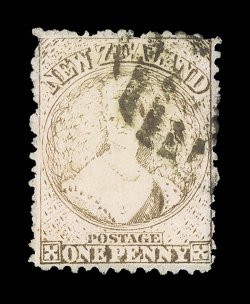 1d. brown showing part WT of WT&Co papermakers watermark in script letters, part bars cancellation in upper right corner. Believed to be the sole example of this stamp
recorded. Sc. 47 var. S.G. 137a, £2,250.