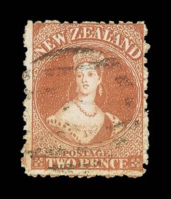 2d. vermilion showing complete n and large part nd of papermakers watermark in double-lined capitals, indistinct bars cancellation. Fine and scarce. R.P.S.N.Z. (1996) and
R.P.S. (2007) Certificates. Sc. 48 var. S.G. 138c, £750.