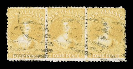 4d. orange-yellow, a horizontal strip of three in an attractive fresh bright shade, indistinct bars cancellations fine. A very rare, and possibly unique, used multiple of this
stamp. R.P.S. Certificates (1983 and 2002). Sc. 49 S.G. 139, £2,250+