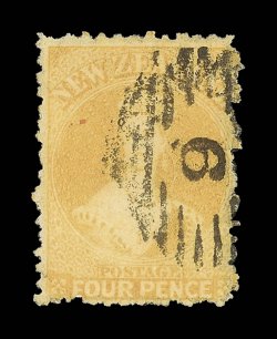 4d. orange-yellow showing small portions of two letters of papermakers watermark in double-lined capitals at top, clearly cancelled 9 at New Plymouth partially toned though a
presentable example of this very rare stamp. R.P.S.N.Z. (1996) and