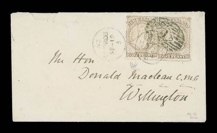 1873 (10 Sept.) envelope from Cambridge to Wellington, bearing 1d. brown (worn plate) horizontal pair with watermark inverted, cancelled with Cambridge c.d.s. and additional
sharing a fine strike of the large 1 in diamond in oval of bars applie