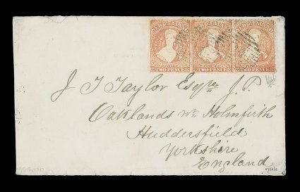 1873 (30 Aug.) envelope from Palmerston to Huddersfield, bearing 2d. vermilion single and a horizontal pair, Row 184-6, all with retouches, twice lightly cancelled 04 in oval
of bars and showing, on reverse, despatch, Dunedin (30.8) and arriva