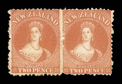 2d. vermilion, a horizontal pair with small part v and complete i horizontally across both stamps, fresh color and with part original gum the right-hand stamp with small thin
at top, otherwise fine. An exceptionally rare multiple