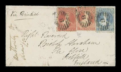 1873 (Oct.) envelope from Wanganui via Brindisi to Lichfield, bearing 2d. vermilion (2, in contrasting shades) in combination with 1871 perf. 12½ 6d. pale blue, each neatly
cancelled 8 and showing, on reverse, three indistinct transit c.d