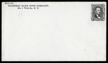 Undersander E27F, 1866 15c Lincoln unadopted stamped envelope essay, using the same die engraving of the 1866 postage stamp (Scott 77) imprinted at top right in black on
86x155mm white laid paper entire, with interesting short transfer of des