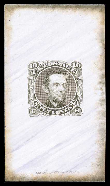 116-E1j, 10c Lincoln, unadopted design, large die essay in Dark orange brown on red violet veined white ivory card, full size measuring 36x63mm, with National Bank Note Co.
imprint at bottom, small facial scrapes, otherwise another extremel