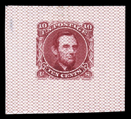 115-E6b, 10c Lincoln, unadopted design, large die essay in Carmine on scarlet Safety Paper, with Ty. 4 (continuous wavy lines) underprint, 40x36mm, trivial thin spot at far top
left, still very fine and believed to be unique.
