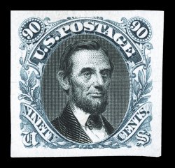 122-E4a var., 90c Lincoln, Steel blue and black die essay on India, with black vignette mounted in place, stamp size, four exceptionally wide and well balanced margins,
extremely fine an especially rare essay in this unlisted color.