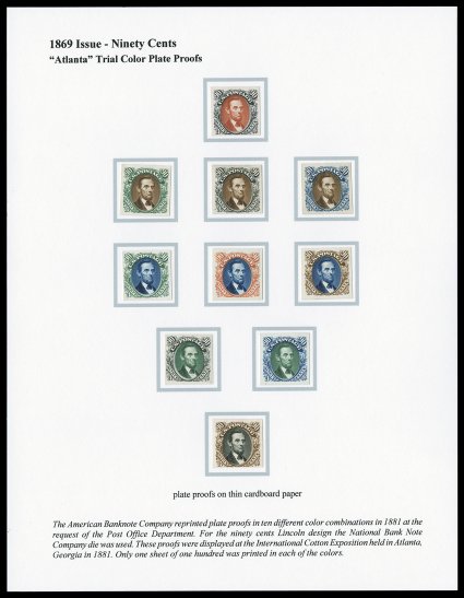 132TC, 90c Lincoln, Atlanta trial color plate proofs on card, a complete set of the ten Scott-listed and priced color combinations, virtually all with four very large margins
(two with margins just a bit closer on one side as often found), g