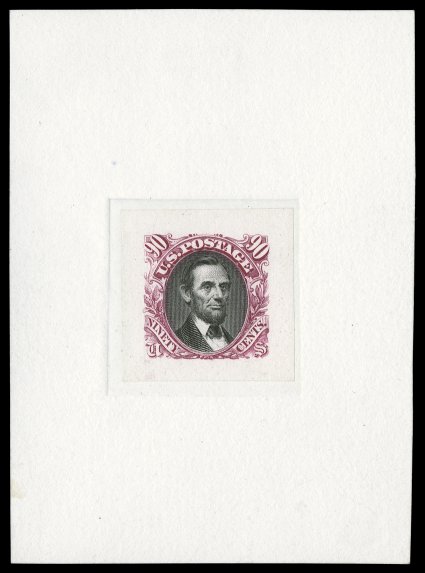 122P2, 90c Carmine and black, small die proof on India, die sunk on small card measuring 70x95mm, not typically encountered mounted on this type of card, as most small die
proofs are found mounted on thick gray cards cut from the Roosevelt prese