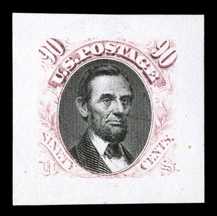 122P2a, 90c Carmine and black, Panama-Pacific small die proof on wove, vignette strongly printed on characteristically yellowish paper, the carmine frame is lightly printed and
may have been slightly light affected, faint thin spot, very fine