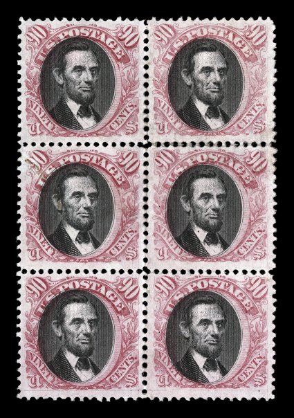 122, 90c Carmine and black, the spectacular unused vertical block of six, with traces of original gum, extraordinarily well centered, particularly for a multiple of this size,
strong and intense vignette impressions, while the frame varies from