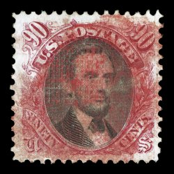 122, 90c Carmine and black, used, spectacularly cancelled by an overall red cork cancellation, marvelously well centered within uncharacteristically large margins, without any
of the flaws that affect some many of the known used examples, ve