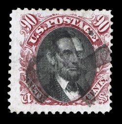 122, 90c Carmine and black, used, superb central strike of a bold Japanese X cancellation attributed to use on mail from Japan, strong rich colors on bright paper, fairly well
centered, couple of small faults including a tiny thin, still f