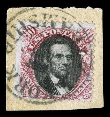122, 90c Carmine and black, used, tied to small piece by rare nearly complete N. York Steamship c.d.s., deep rich colors, fairly well centered, stamp has been lifted for
examination and hinged in place, small surface scrape and a minor thi
