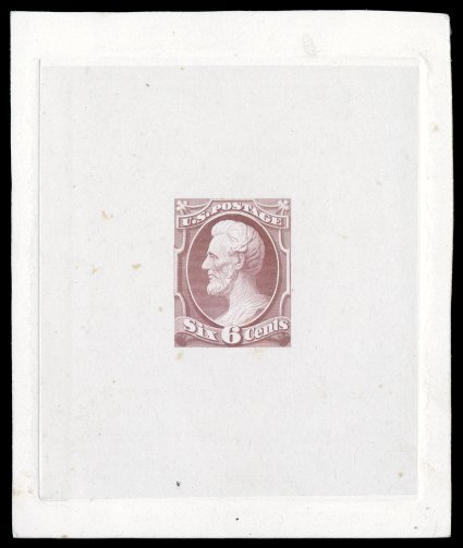 148-E4, 6c Dull rose, large die essay on India, die state 1, die sunk on card measuring 74x89mm and showing full die sinkage, handsome unadopted frame design, very
fine.