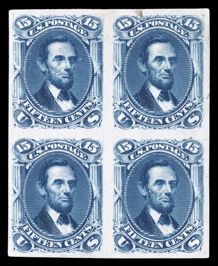 77TC3, 15c Deep blue, trial color plate proof on India, a very rare block of four, four large and well balanced margins, rich color, top pair (primarily in top margin) with
small thins and translucent spot from hinging as is typical to India pro
