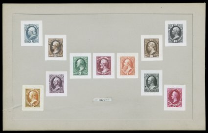145P2-55P2, 1870 1c-90c National Bank Notes, small die proofs on India cplt., mounted on complete full page from a Roosevelt presentation album, intensely fresh colors (15c
slightly oxidized), bend to card at bottom left corner (resulting in spl