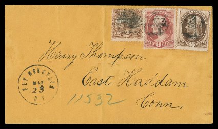 148, 6c Carmine, along with 2c Brown 1869 Pictorial (113) and 10c Brown with grill (139), all three with just fine centering and used on orange buff colored cover addressed to
East Haddam, Conn., with unusual grid cancels, matching Fly Mounta