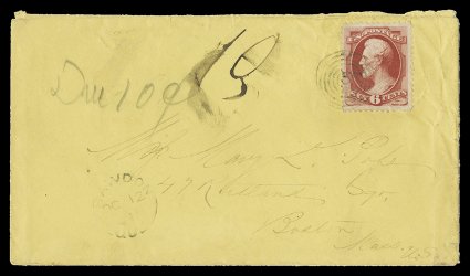 148, 6c Carmine, strong color, small corner crease, tied to canary colored cover from Rawdon, Canada to Boston, Mass. by Canadian concentric rings cancellation, matching
RawdonOc 12 71Que c.d.s. at bottom left, Montreal transit c.d.s. on