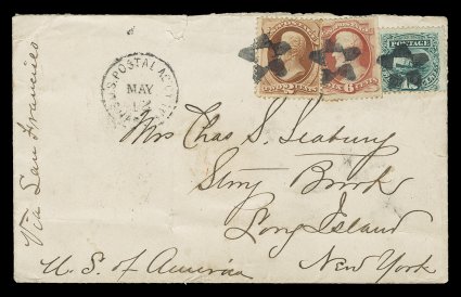 148, 6c Carmine, used in combination with 2c Red Brown (146) and 12c Green 1869 Pictorial (117), singles of each tied to very rare cover from Shanghai, China to Stony Brook,
New York by fancy hollow center star cancels, U.S. Postal Agency