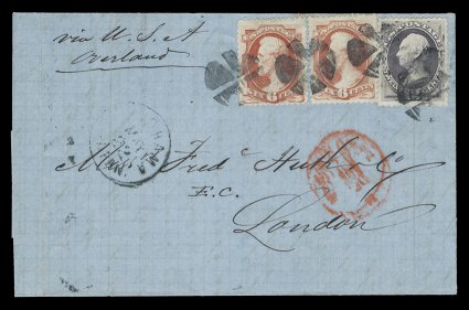 148, 6c Carmine, along with 12c Dull violet (151), two of the former and one of the latter, tied to most attractive and rare blue colored 1871 folded entire from Yokohama,
Japan to London, England by quartered cork postmarks, matching Yoko