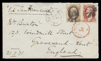 148, 6c Carmine, along with 10c Brown (150), tied together to most desirable 1871 cover from Yokohama, Japan to Gravesend, England by circle of Vs postmarks, unusually clear
Yokohama, JapanJul 22 c.d.s. alongside, cover carried by PMS