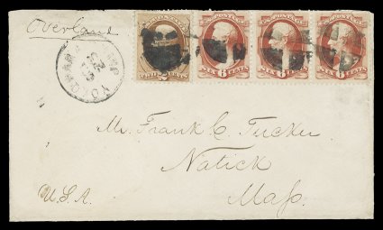 148, 6c Carmine, along with 2c Red brown (146), a horizontal strip of three of the former and a single of the latter, used on very scarce 1871 cover from Hiogo, via Yokohama,
Japan to Natick, Mass. by quartered cork postmarks, matching Yok