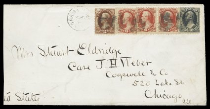 148, 6c Carmine, along with 2c Red brown (146) and 30c Black (154), three copies of the 6c and singles of the 2c (facial rub) and 30c, all used on an extremely rare (1871)
cover from Yokohama, Japan to Chicago, Ill., with small cork postma