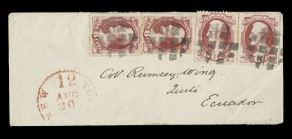 148, 6c Carmine, a horizontal pair and two singles, tied to petite cover to Quito, Ecuador by segmented circles NYFM cancels, red New12YorkAug 20 c.d.s., minor bend at bottom
right corner of cover, stamps affixed just slightly over