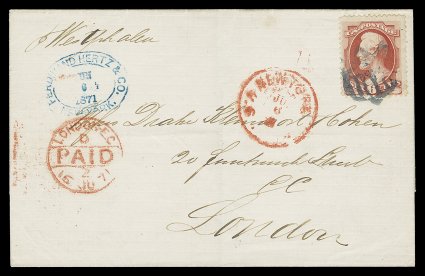 148, 6c Carmine, a single and a horizontal pair tied to matching pair of 1871 folded entires from the same correspondence, New York City to London, England, each cover with
stamps tied by rare fancy NYFM shield cancels, both covers simil