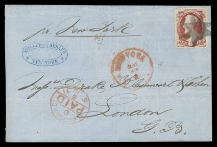 148, 6c Carmine, a stunning pair of folded entires to London, England, one franked with a single and the other with a horizontal pair, each with stamps tied by fancy
eight-point star NYFM cancels with hollow centers, the single is a May