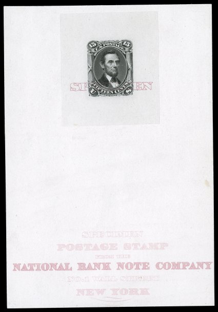 77P1 var., 15c Black, large die proof on India, overprinted SPECIMEN in red, measuring 43x50mm and mounted at top of large card measuring 92x134mm, which has SpecimenPostage
Stampfrom theNational Bank Note CompanyNo. 1 Wall StreetNew Yor