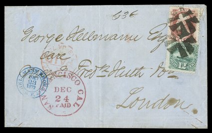 148, 6c Carmine, used in combination with 12c Green 1869 Pictorial (117), both just fine singles, tied to 1872 blue folded entire to London, England by two bold strikes of
crossroads cork postmarks, clear originating San Francisco CalDe