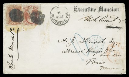 Ulysses S. Grant, autograph free frank as President, signed U.S. Grant on 1873 Executive Mansion imprint cover to Paris, France, franked with 3c Red, F grill (94) and 6c
Carmine (148) and both tied by two bold circular cork cancels, m