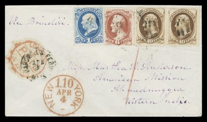 148, used in combination with 1c Ultramarine (156) and 10c Brown 1873 issue (161), singles of the 1c and 6c, horizontal pair of the 10c, all tied to a most colorful and
immaculate 1876 cover to Ahmednuggur, India by light grid postmarks, 